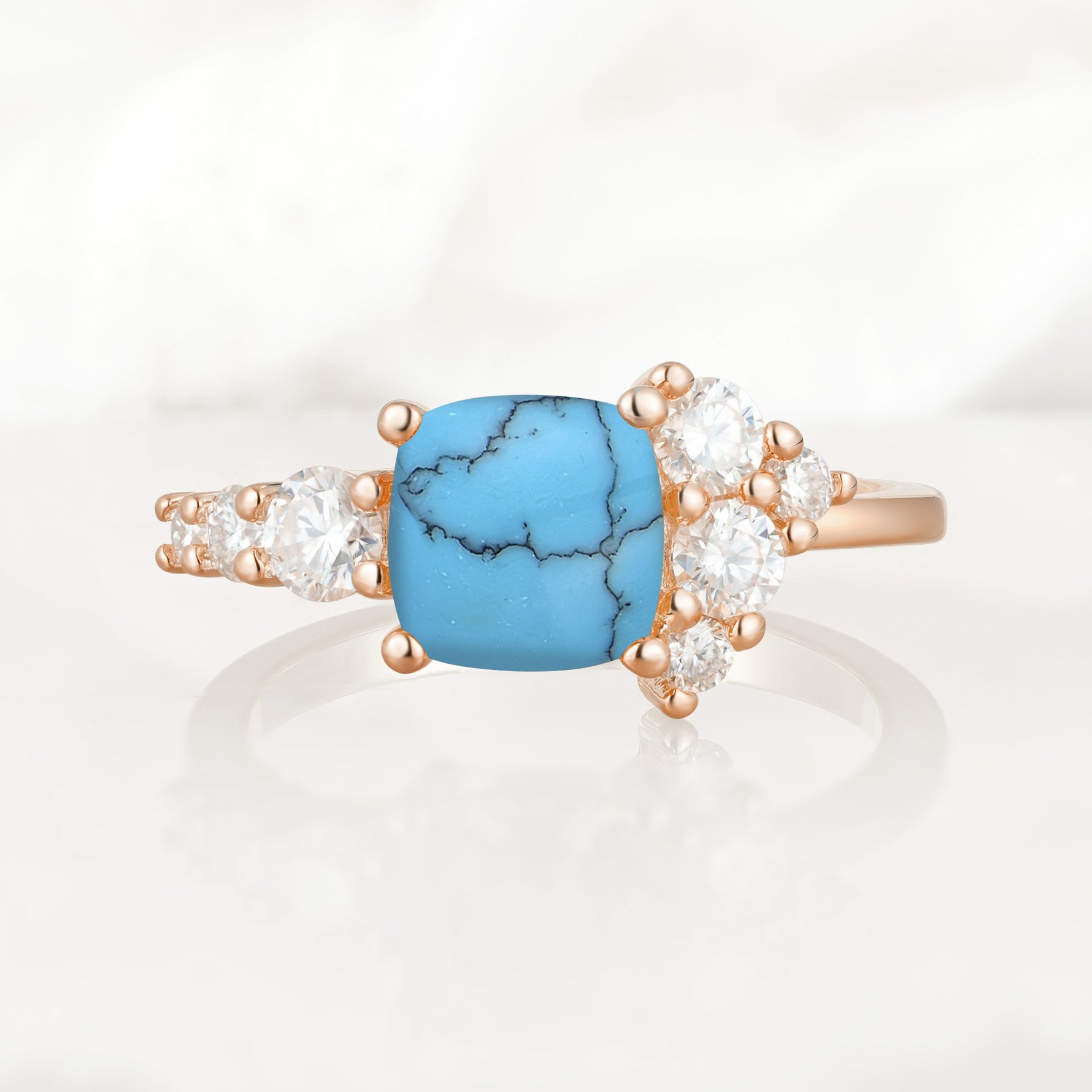 Classic Cushion Cut Side Cluster Turquoise Engagement Ring - Additional view