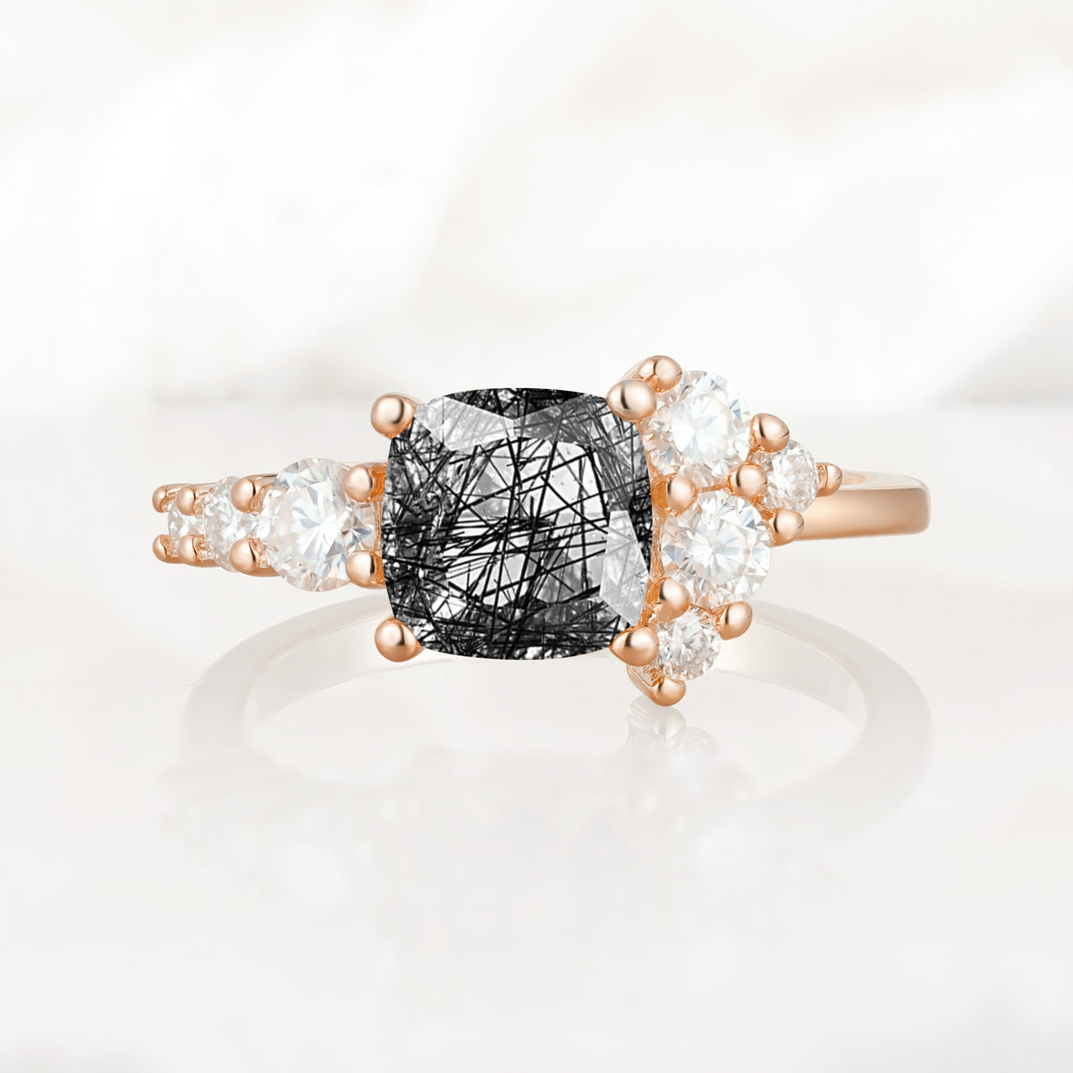 Classic Cushion Cut Side Cluster Black Rutilated Quartz Engagement Ring - Additional view