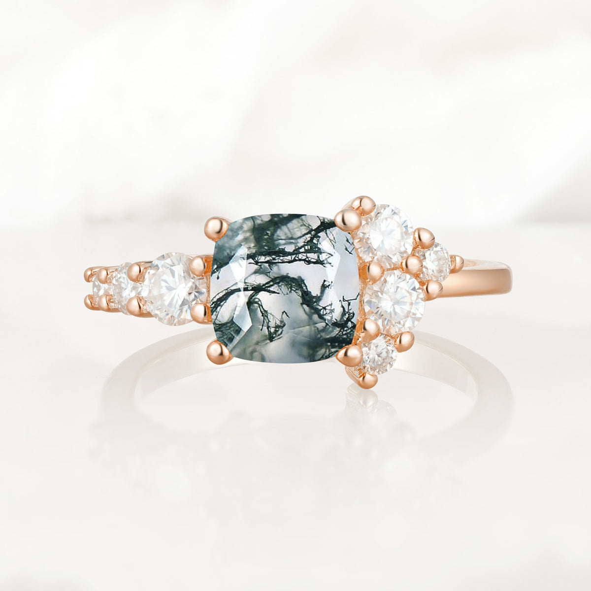 Classic Cushion Cut Side Cluster Moss Agate Engagement Ring - Additional view