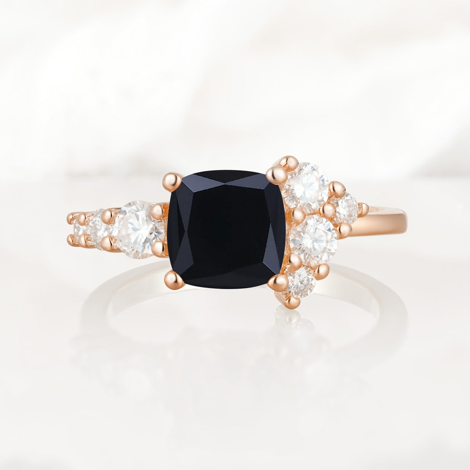 Classic Cushion Cut Side Cluster Black Onyx Engagement Ring - Additional view