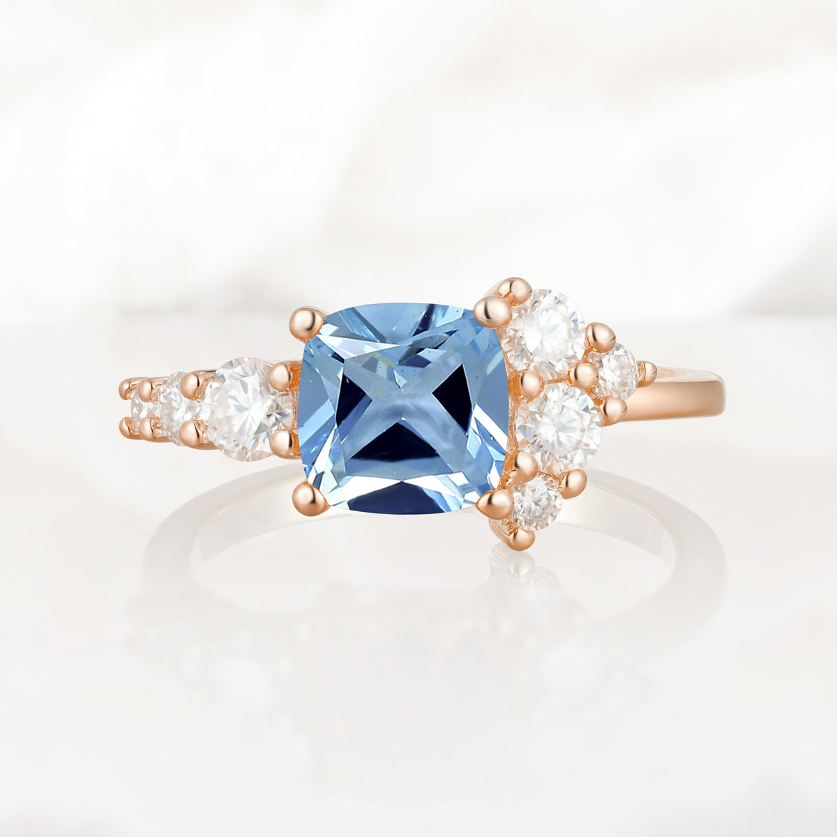 Classic Cushion Cut Side Cluster Aquamarine Engagement Ring - Additional view