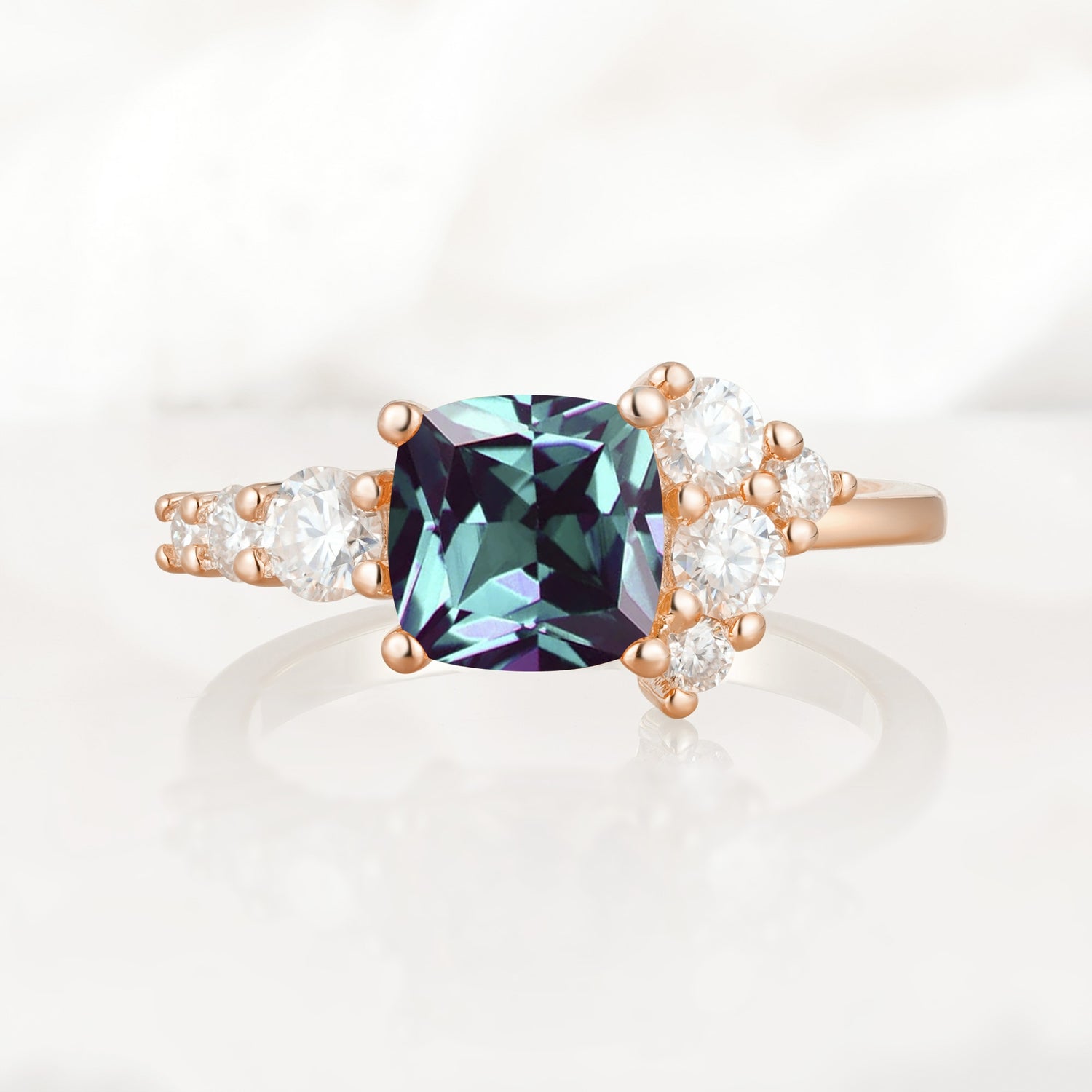 Classic Cushion Cut Side Cluster Alexandrite Engagement Ring - Additional view