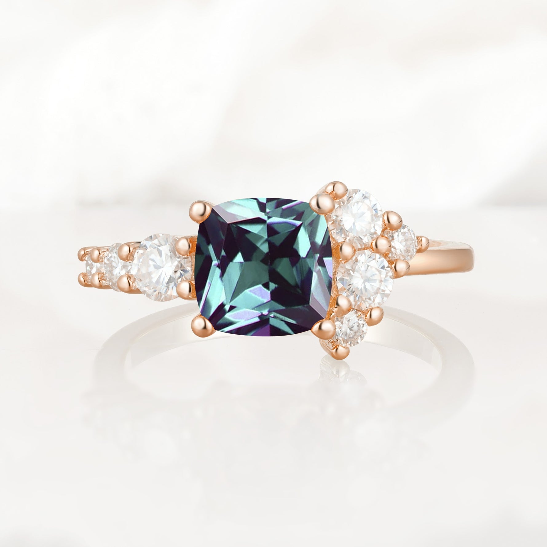 Classic Cushion Cut Side Cluster Alexandrite Engagement Ring - Additional view
