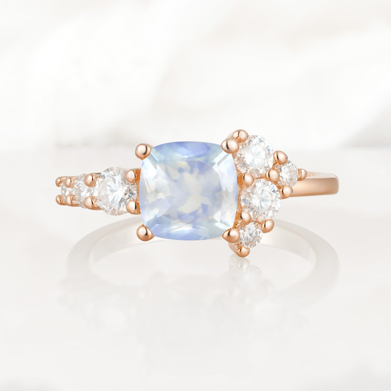 Classic Cushion Cut Side Cluster Moonstone Engagement Ring - Additional view