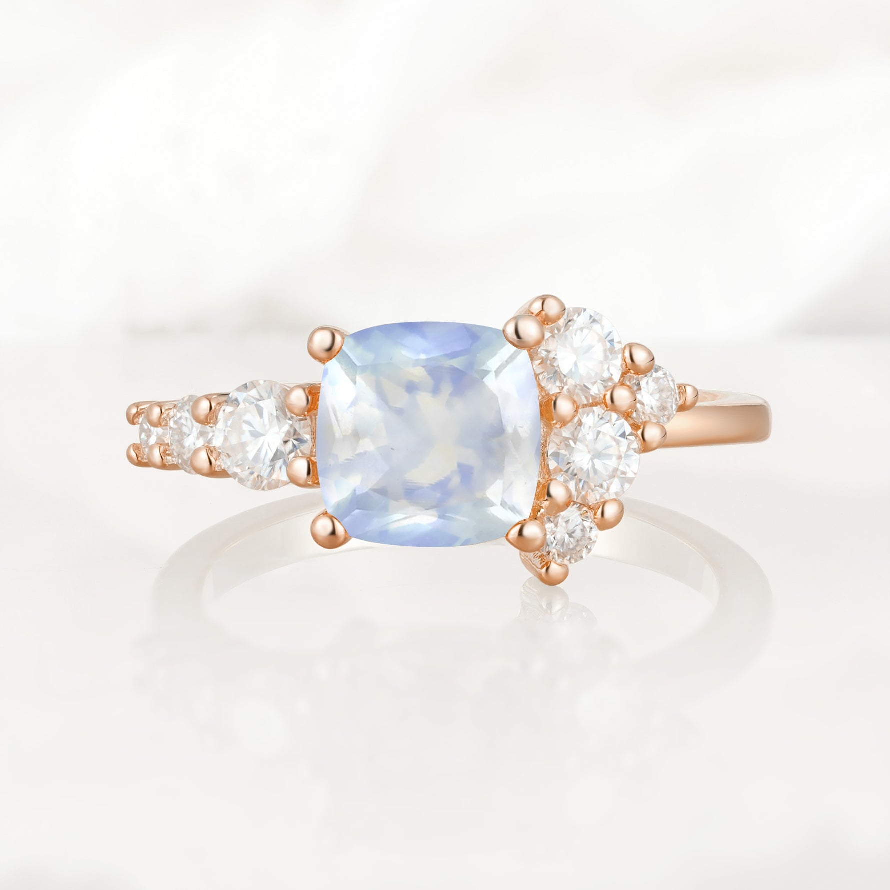 Classic Cushion Cut Side Cluster Moonstone Engagement Ring - Additional view