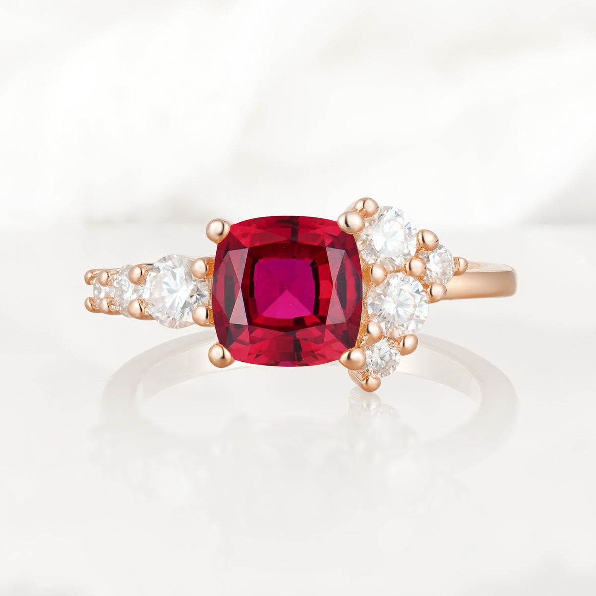 Classic Cushion Cut Side Cluster Ruby Engagement Ring - Additional view