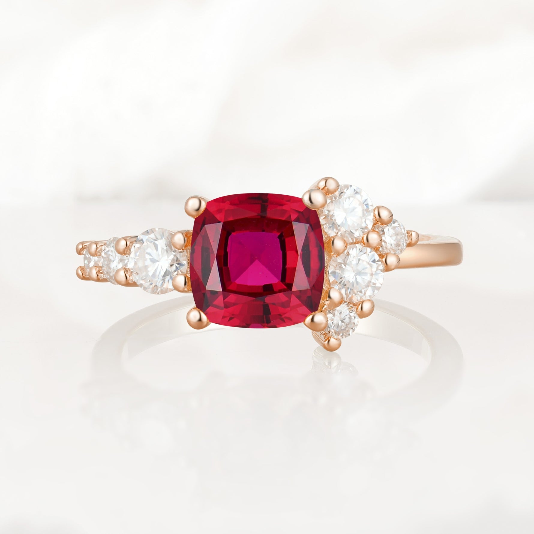 Classic Cushion Cut Side Cluster Ruby Engagement Ring - Additional view