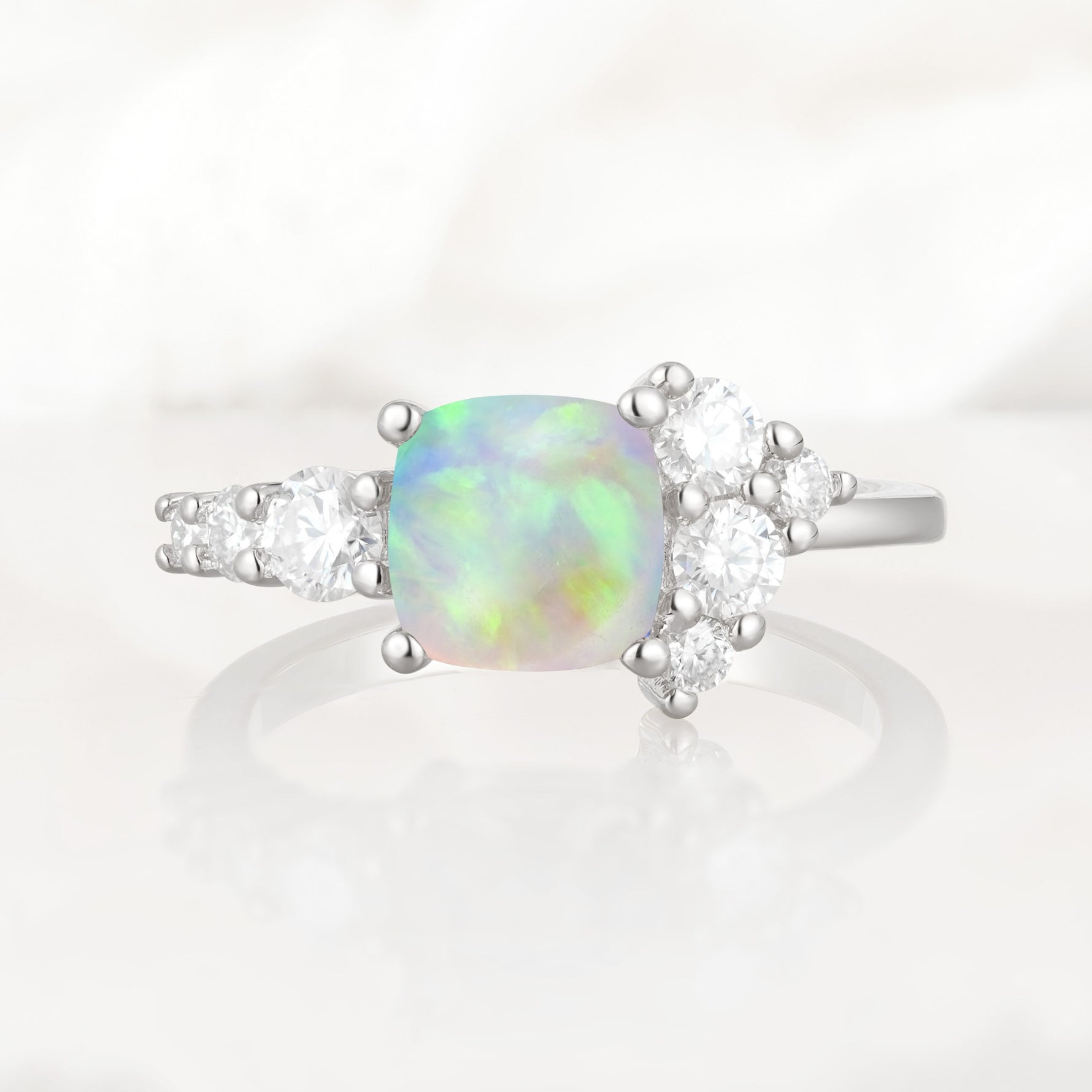 Classic Cushion Cut Side Cluster Fire Opal Engagement Ring - Additional view