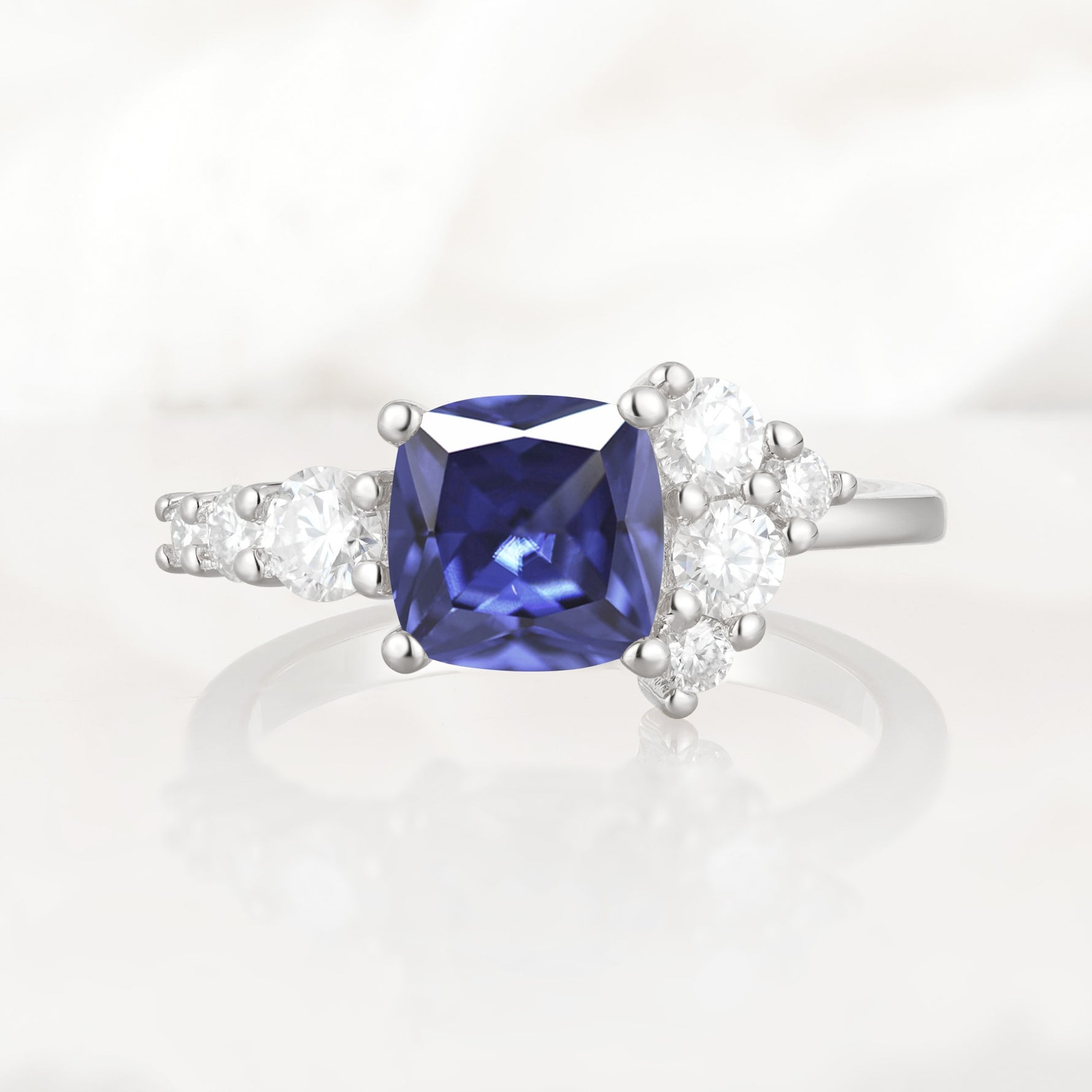 Classic Cushion Cut Side Cluster Tanzanite Engagement Ring - Additional view