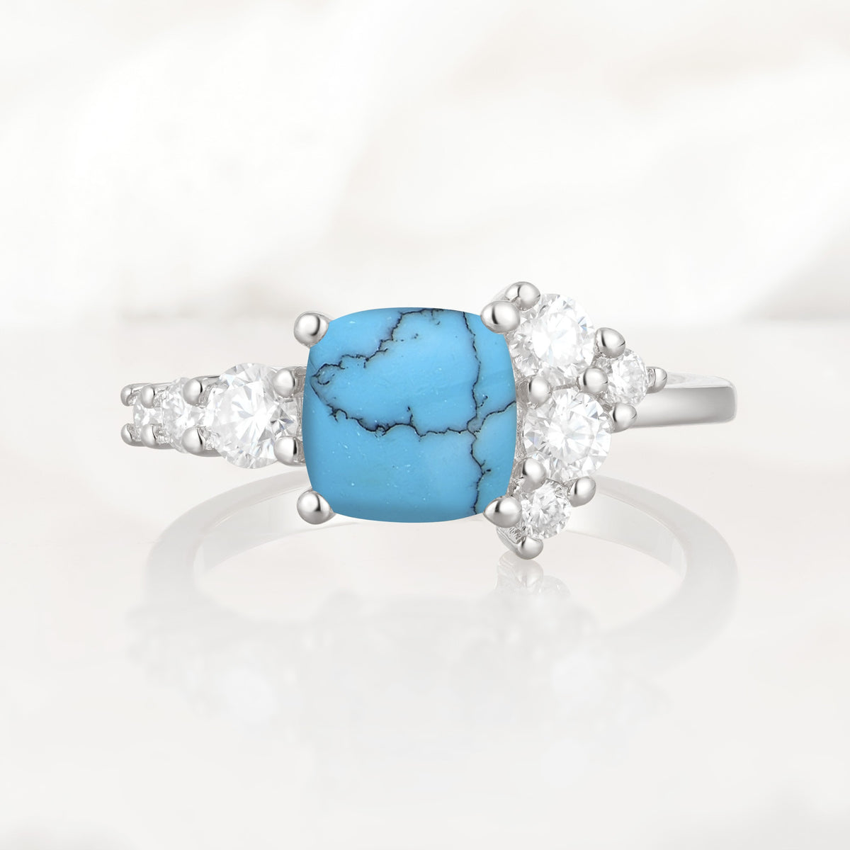 Classic Cushion Cut Side Cluster Turquoise Engagement Ring - Additional view