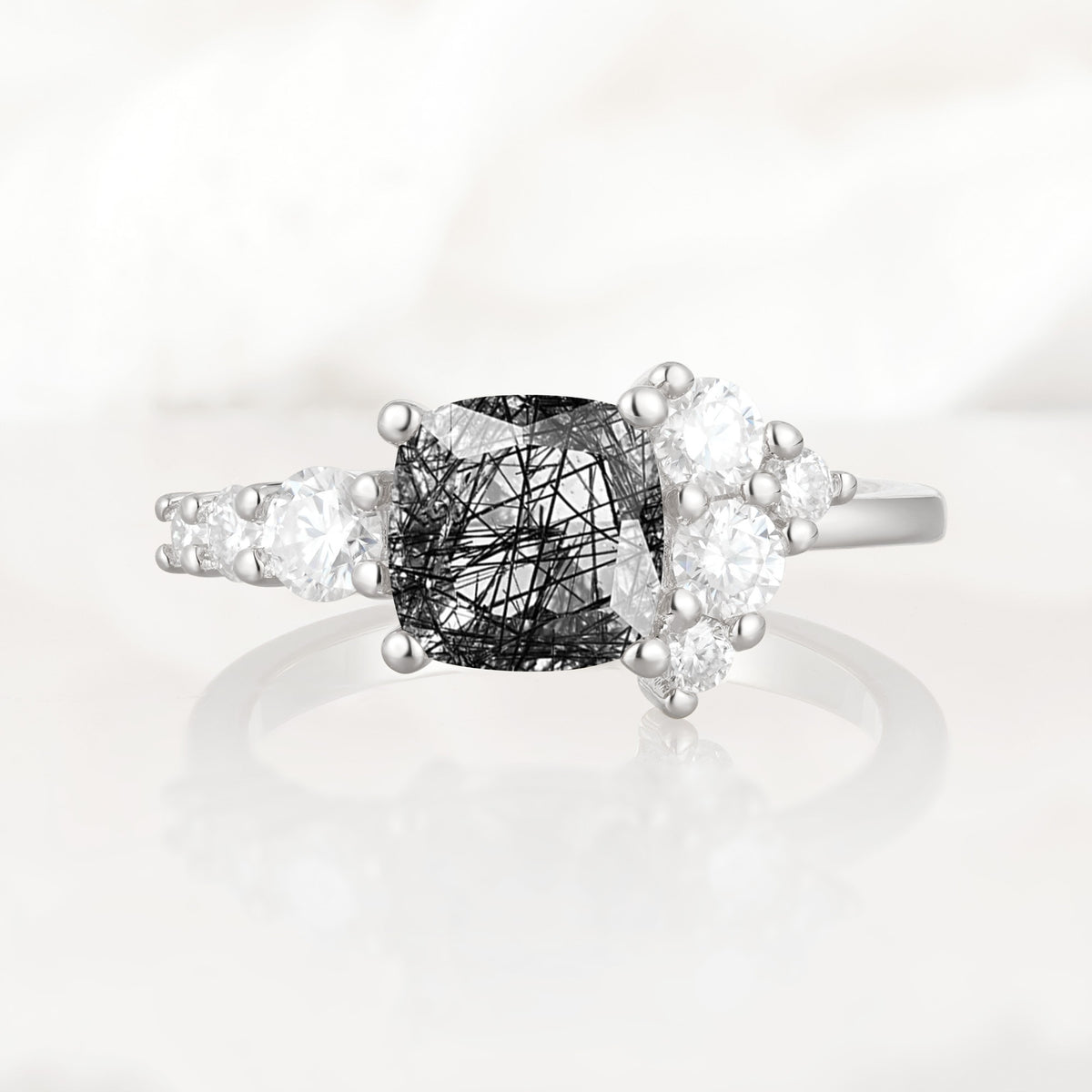 Classic Cushion Cut Side Cluster Black Rutilated Quartz Engagement Ring - Additional view