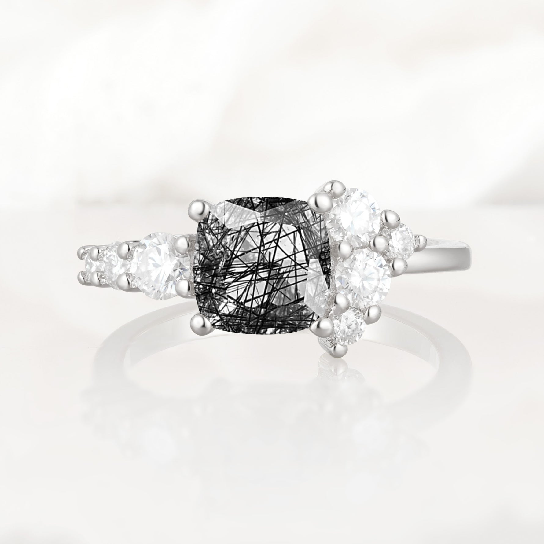 Classic Cushion Cut Side Cluster Black Rutilated Quartz Engagement Ring - Additional view