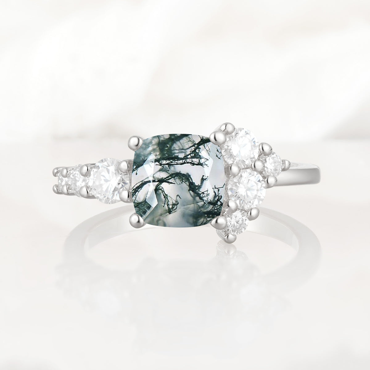Classic Cushion Cut Side Cluster Moss Agate Engagement Ring - Additional view