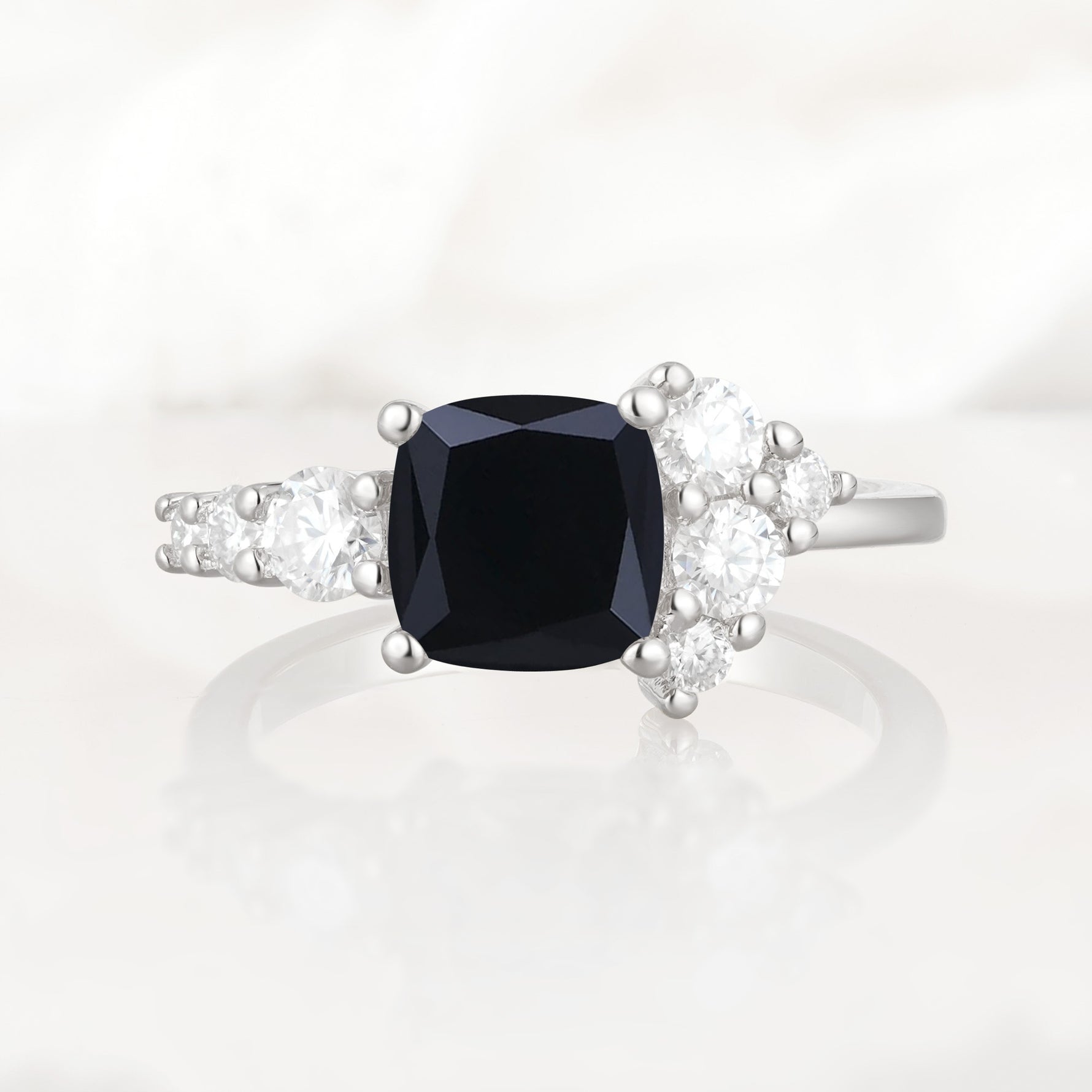 Classic Cushion Cut Side Cluster Black Onyx Engagement Ring - Additional view