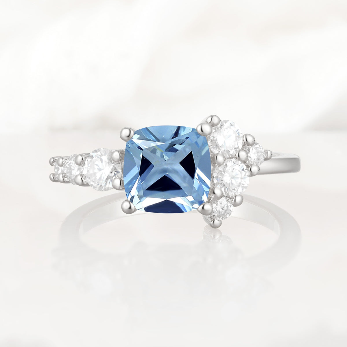 Classic Cushion Cut Side Cluster Aquamarine Engagement Ring - Additional view