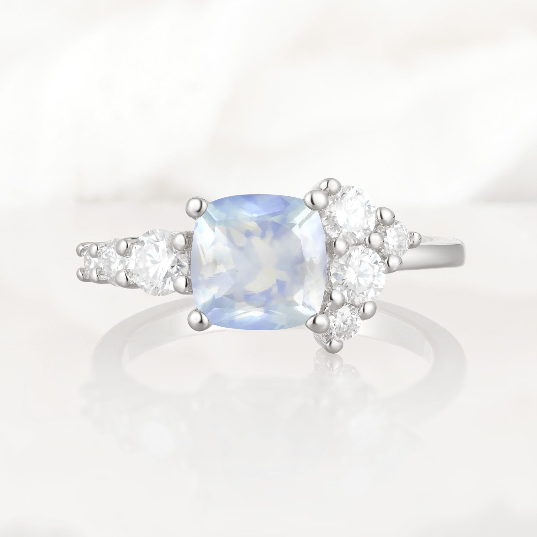 Classic Cushion Cut Side Cluster Moonstone Engagement Ring - Additional view