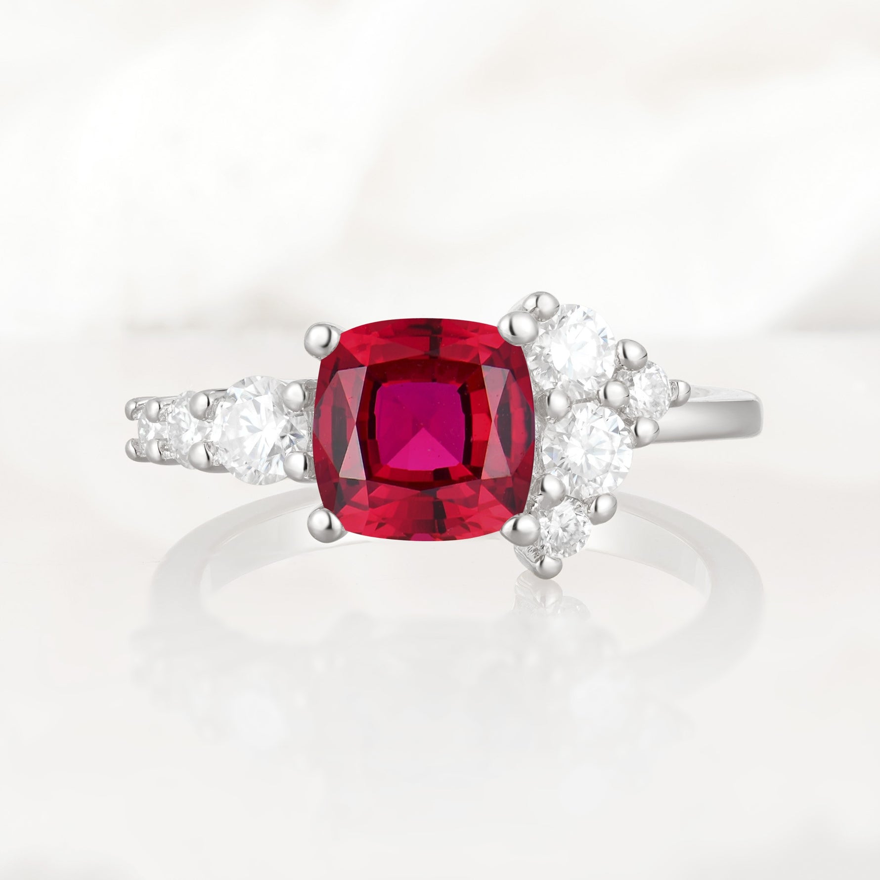 Classic Cushion Cut Side Cluster Ruby Engagement Ring - Additional view