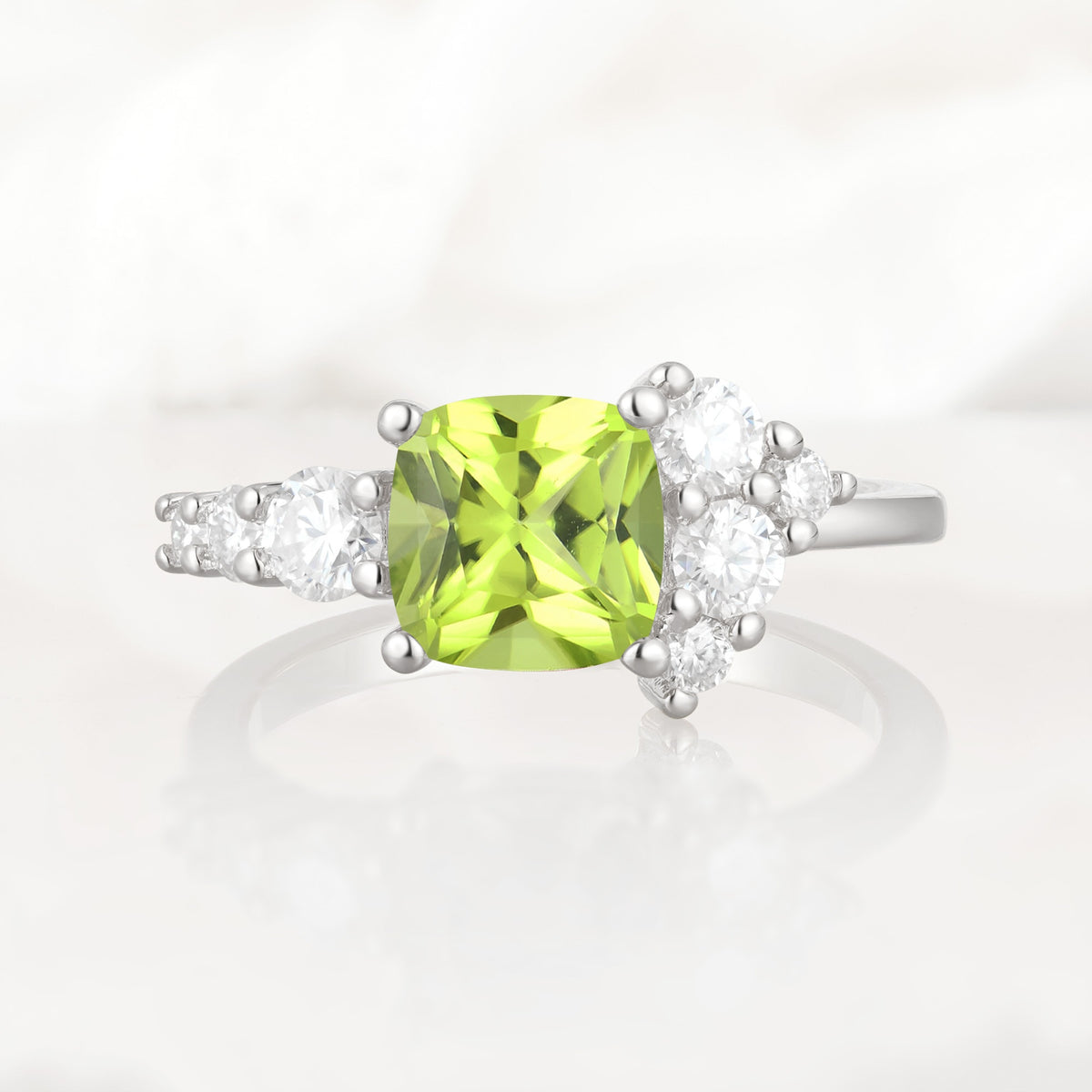 Classic Cushion Cut Side Cluster Peridot Engagement Ring - Additional view