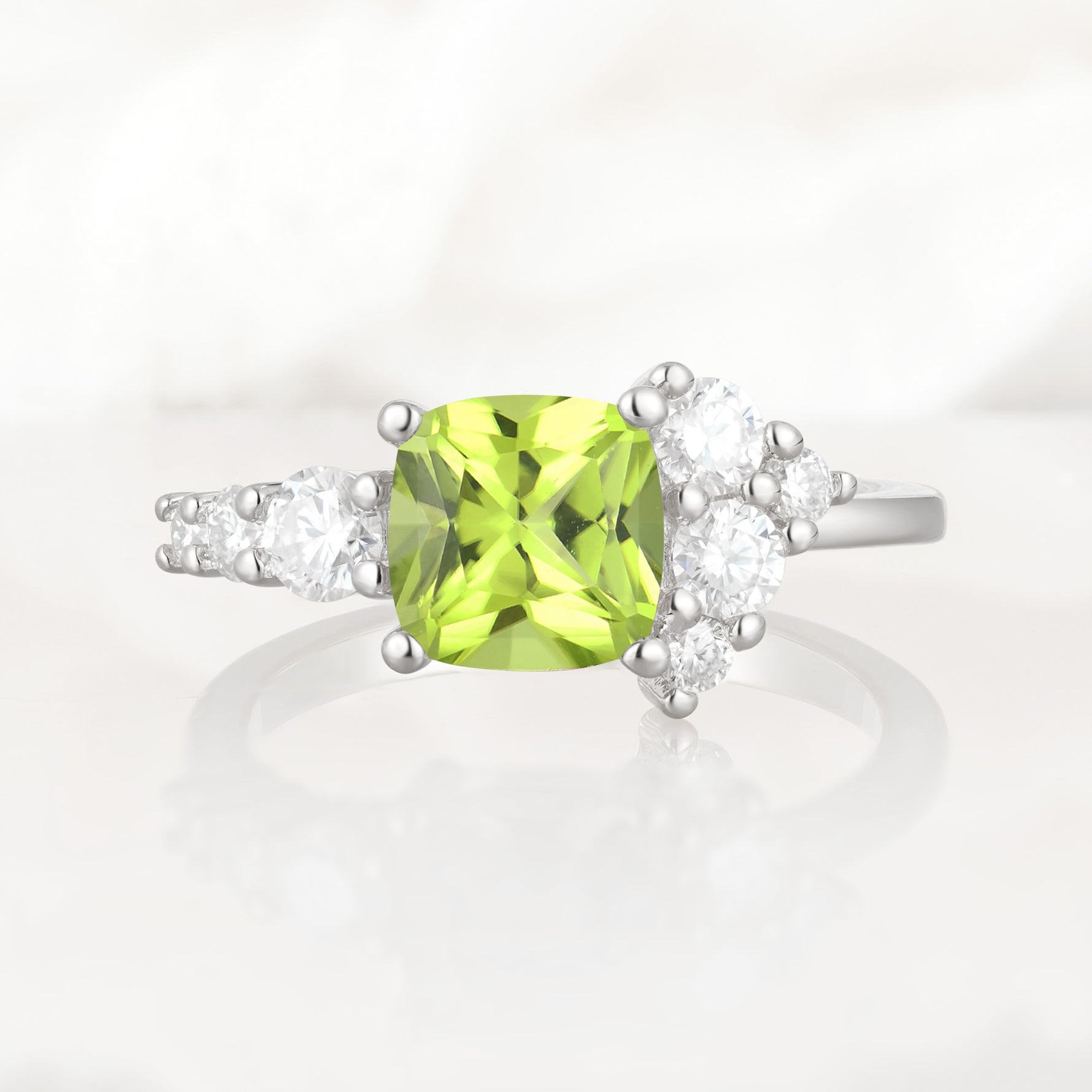 Classic Cushion Cut Side Cluster Peridot Engagement Ring - Additional view