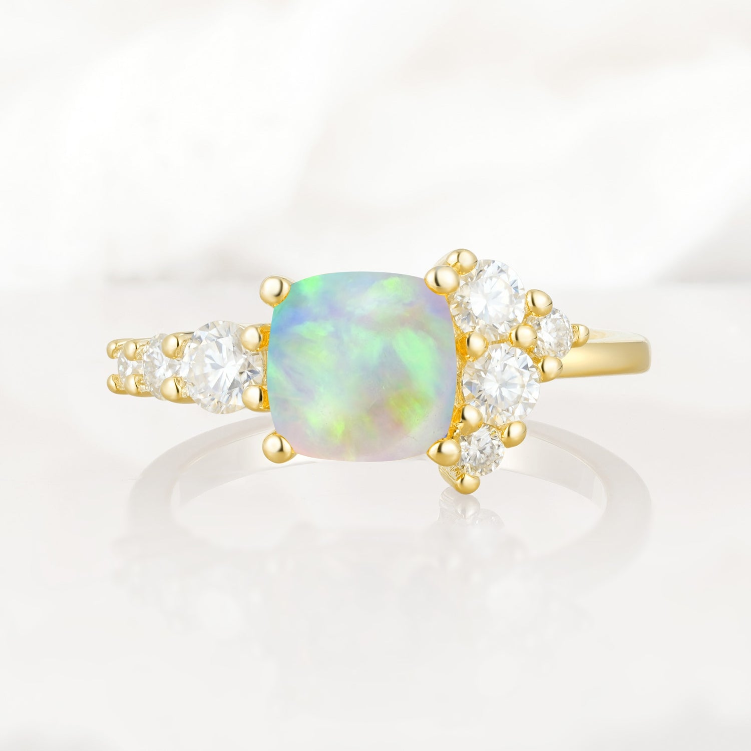 Classic Cushion Cut Side Cluster Fire Opal Engagement Ring - Additional view