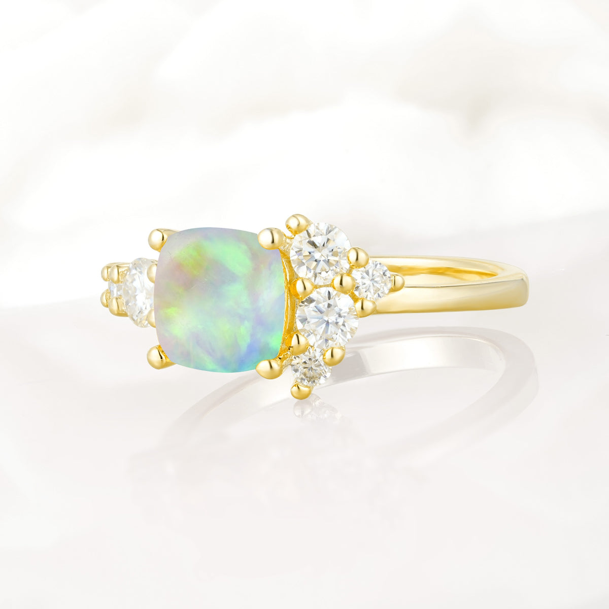 Classic Cushion Cut Side Cluster Fire Opal Engagement Ring - Additional view