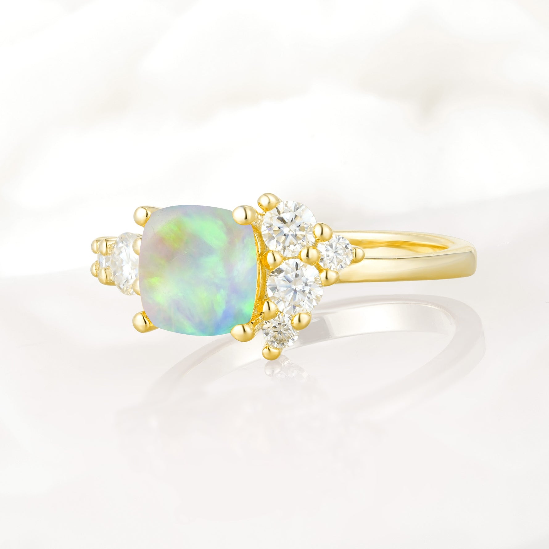 Classic Cushion Cut Side Cluster Fire Opal Engagement Ring - Additional view