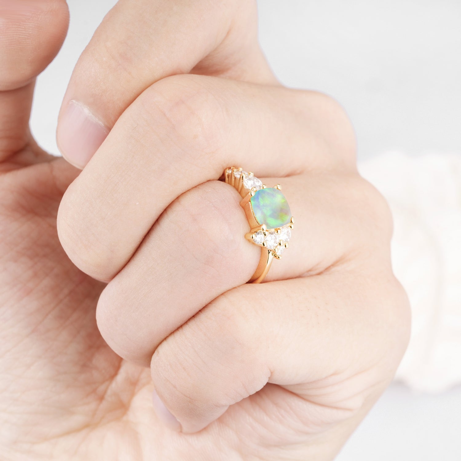 Classic Cushion Cut Side Cluster Fire Opal Engagement Ring - Additional view