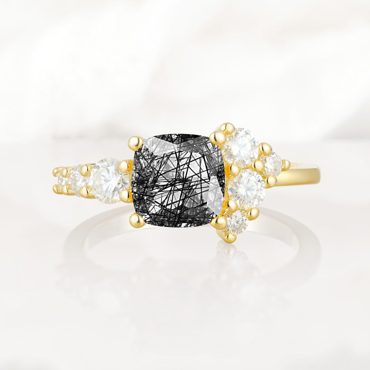 Classic Cushion Cut Side Cluster Black Rutilated Quartz Engagement Ring - Additional view