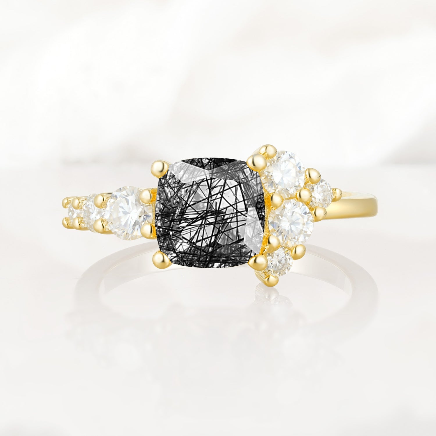 Classic Cushion Cut Side Cluster Black Rutilated Quartz Engagement Ring - Additional view