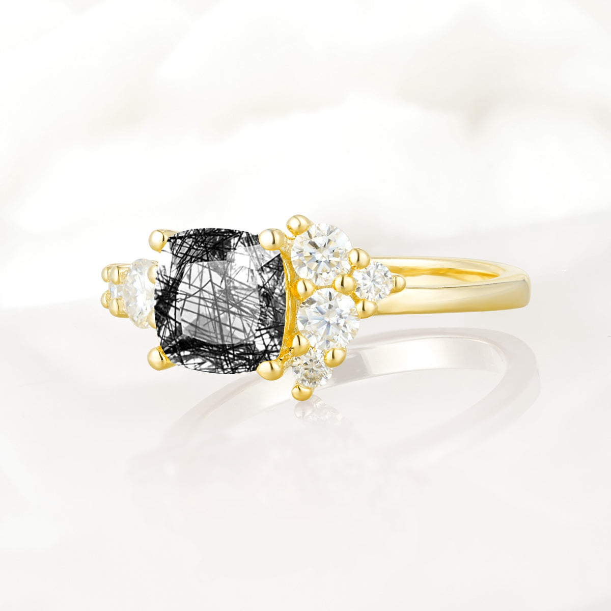 Classic Cushion Cut Side Cluster Black Rutilated Quartz Engagement Ring - Additional view