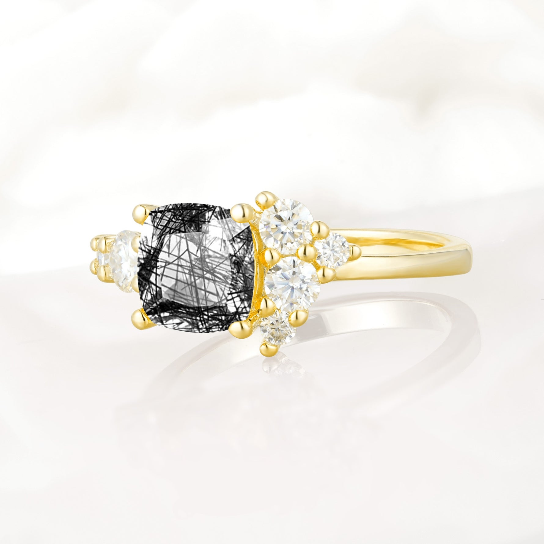 Classic Cushion Cut Side Cluster Black Rutilated Quartz Engagement Ring - Additional view