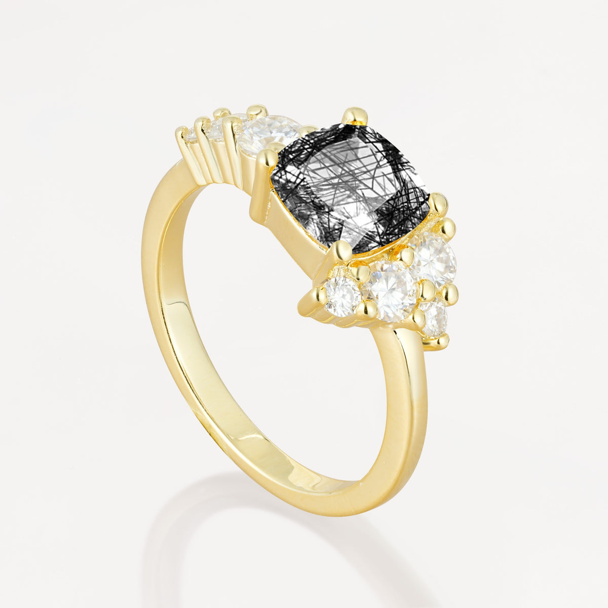 Classic Cushion Cut Side Cluster Black Rutilated Quartz Engagement Ring - Additional view