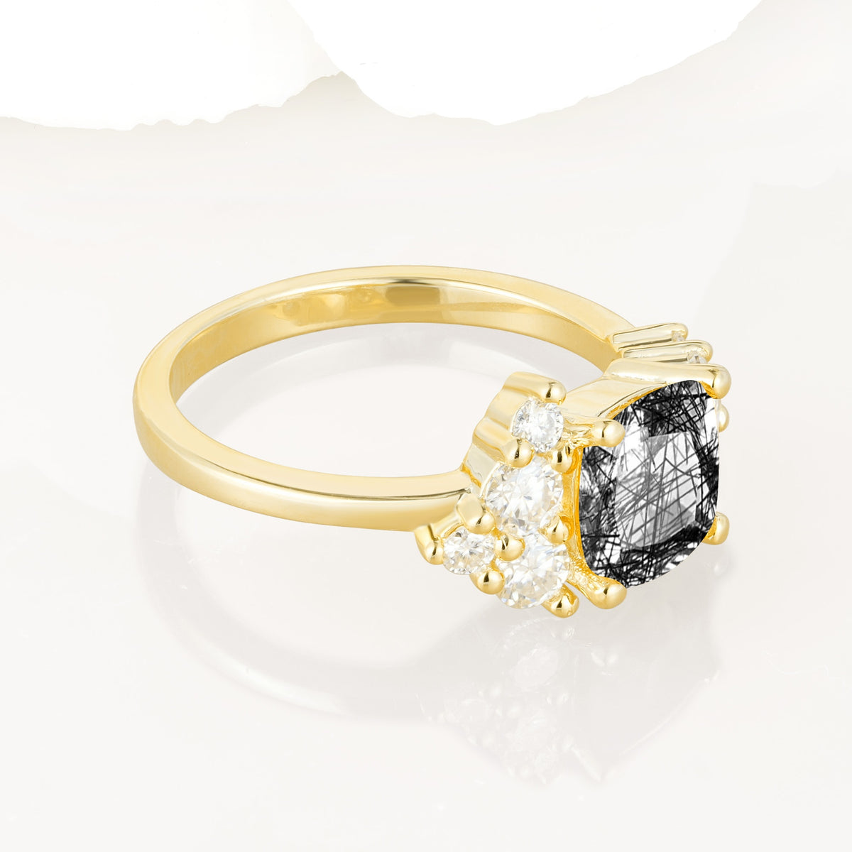Classic Cushion Cut Side Cluster Black Rutilated Quartz Engagement Ring - Additional view