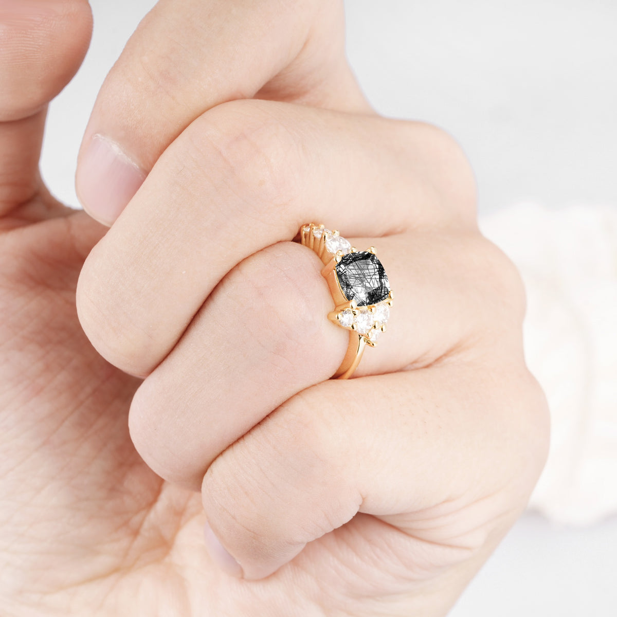 Classic Cushion Cut Side Cluster Black Rutilated Quartz Engagement Ring - Additional view