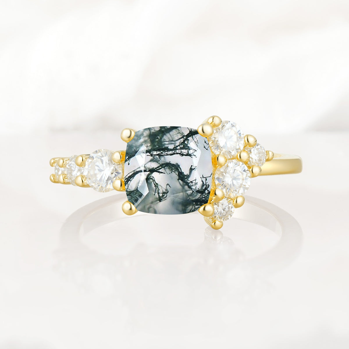 Classic Cushion Cut Side Cluster Moss Agate Engagement Ring - Additional view