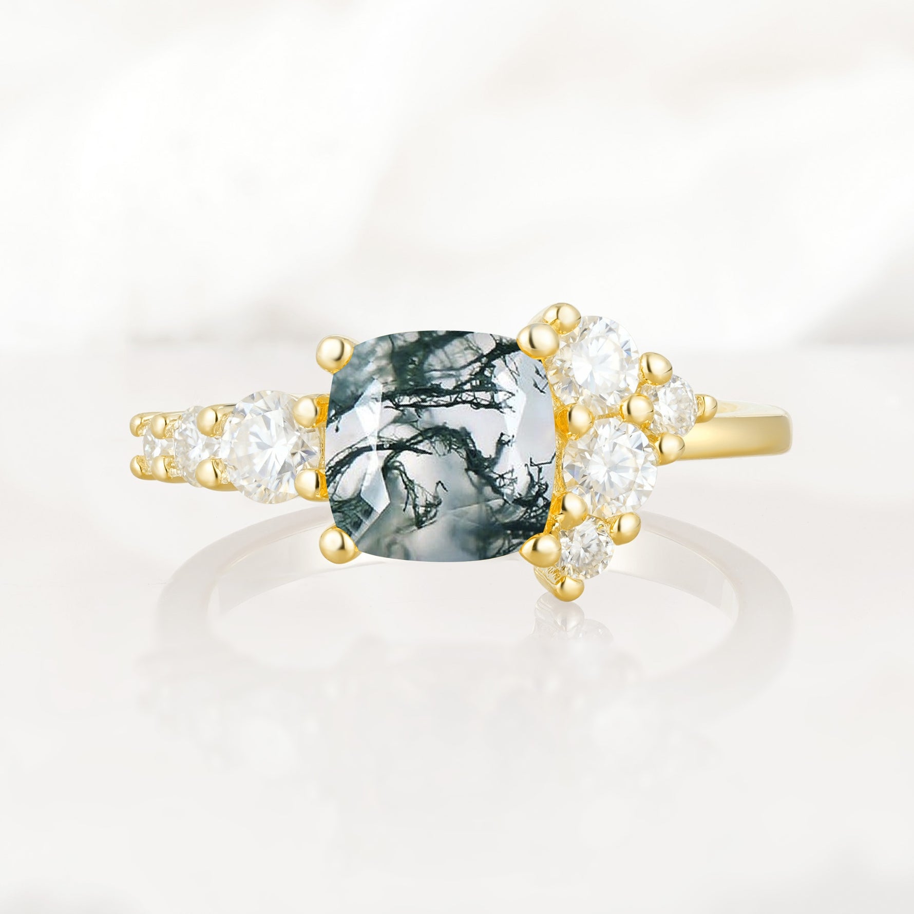 Classic Cushion Cut Side Cluster Moss Agate Engagement Ring - Additional view