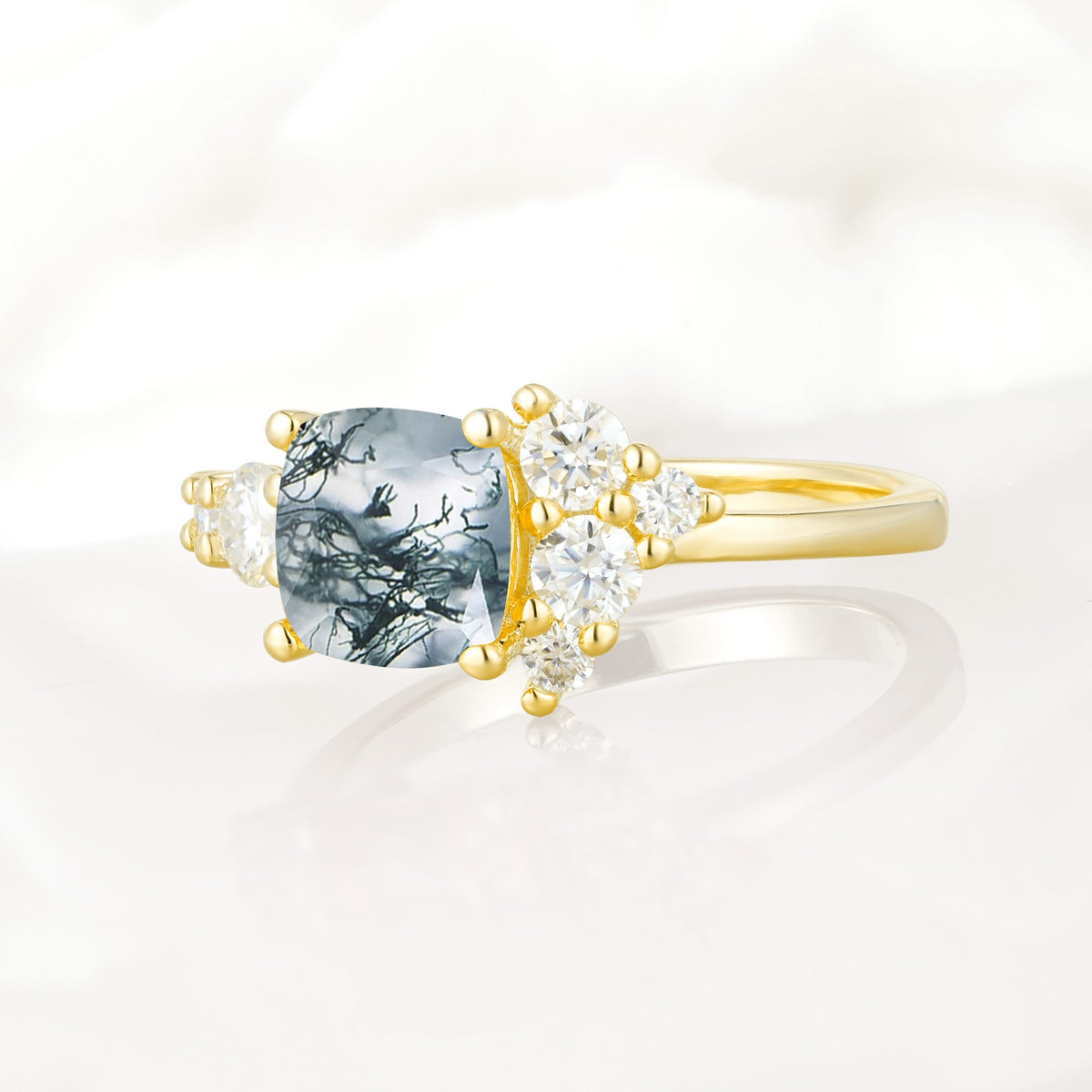 Classic Cushion Cut Side Cluster Moss Agate Engagement Ring - Additional view
