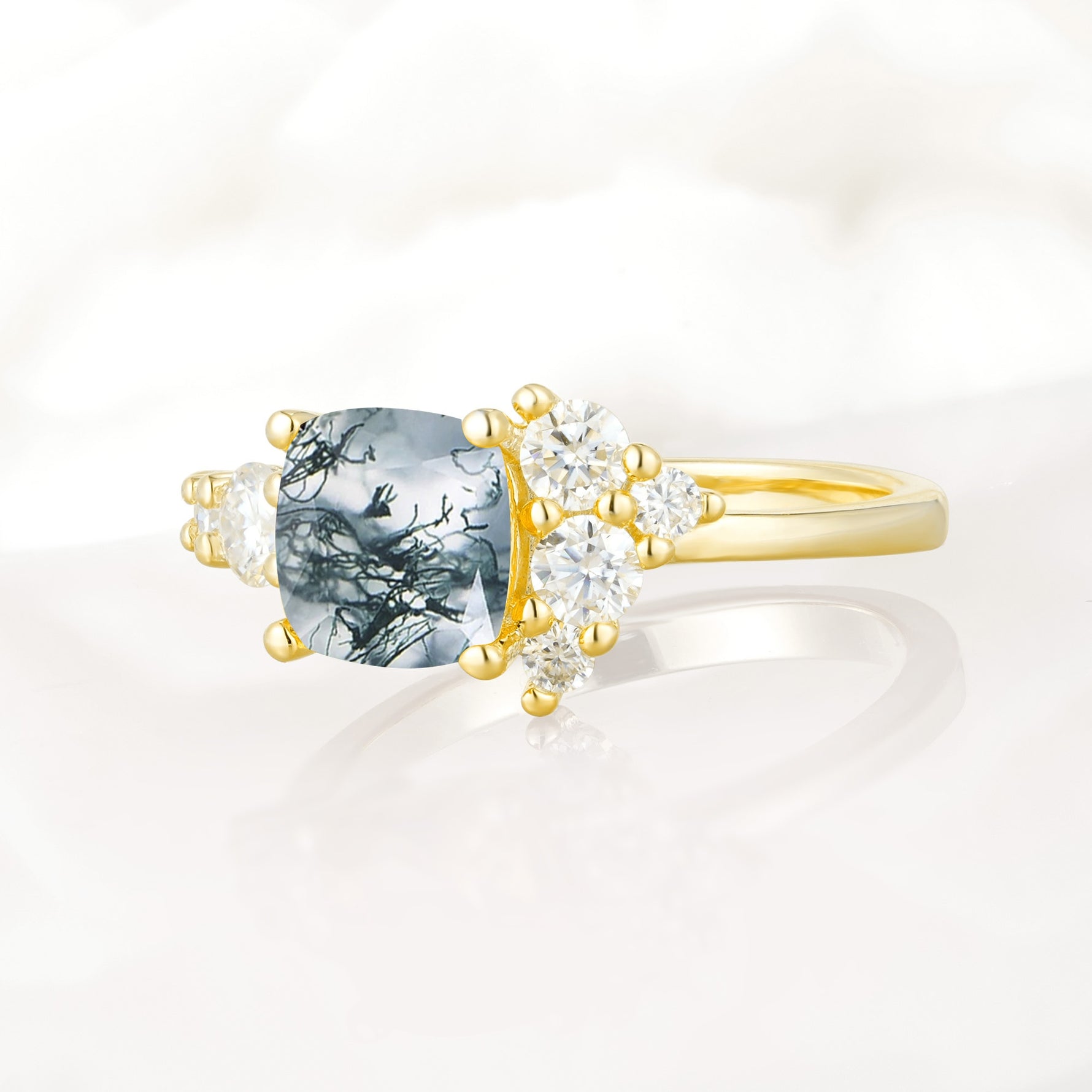 Classic Cushion Cut Side Cluster Moss Agate Engagement Ring - Additional view