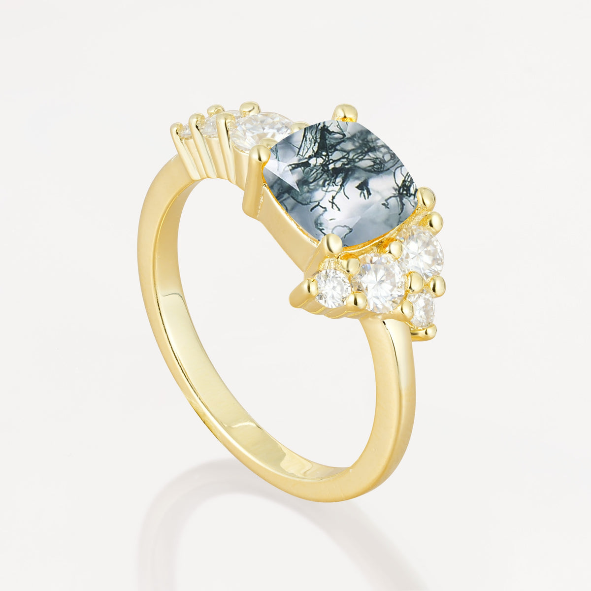 Classic Cushion Cut Side Cluster Moss Agate Engagement Ring - Additional view