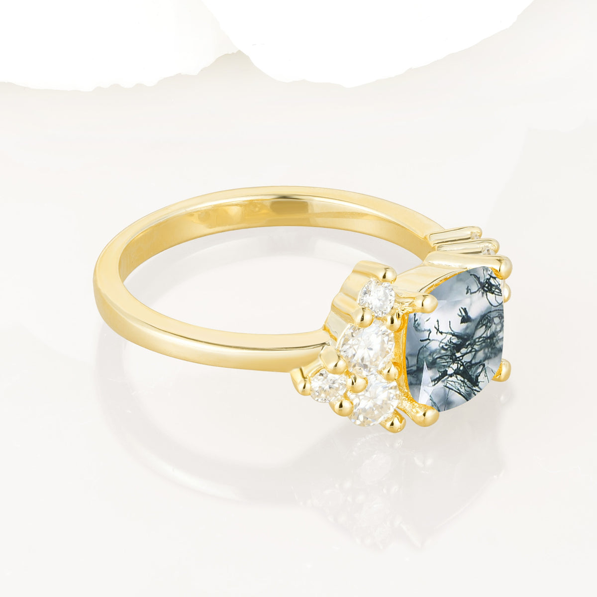 Classic Cushion Cut Side Cluster Moss Agate Engagement Ring - Additional view