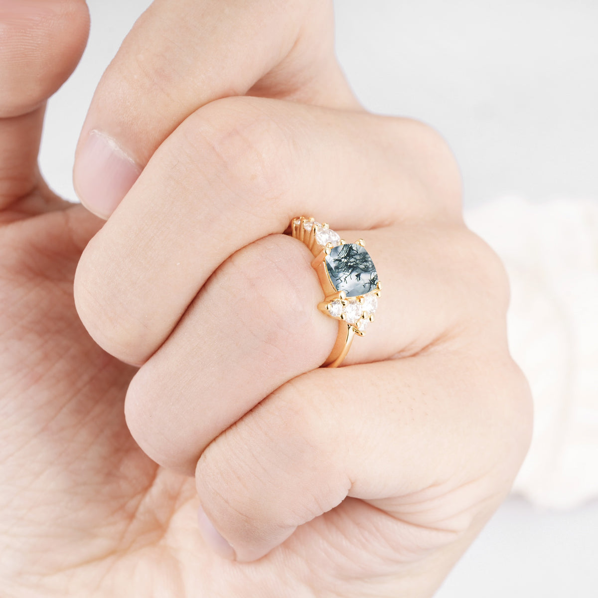 Classic Cushion Cut Side Cluster Moss Agate Engagement Ring - Additional view