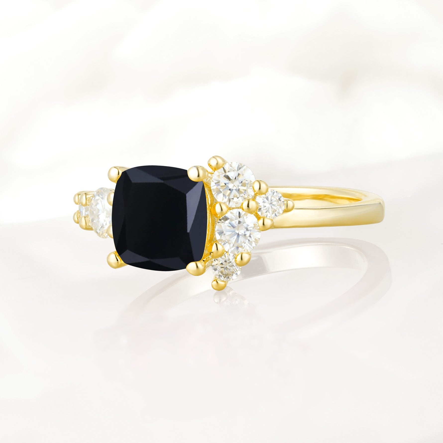 Classic Cushion Cut Side Cluster Black Onyx Engagement Ring - Additional view