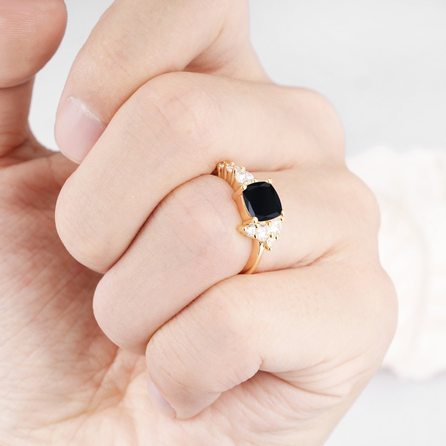 Classic Cushion Cut Side Cluster Black Onyx Engagement Ring - Additional view
