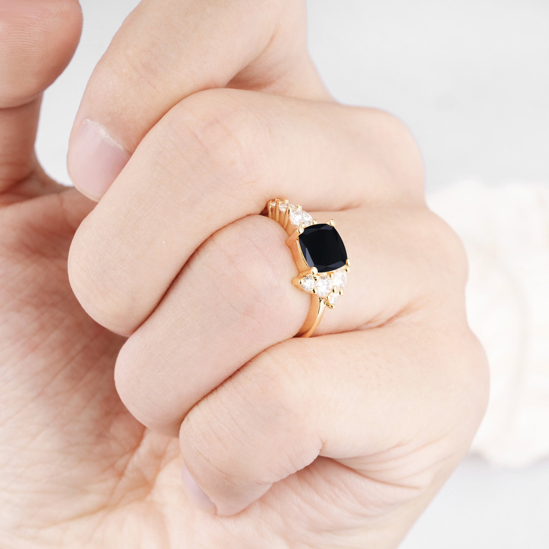 Classic Cushion Cut Side Cluster Black Onyx Engagement Ring - Additional view