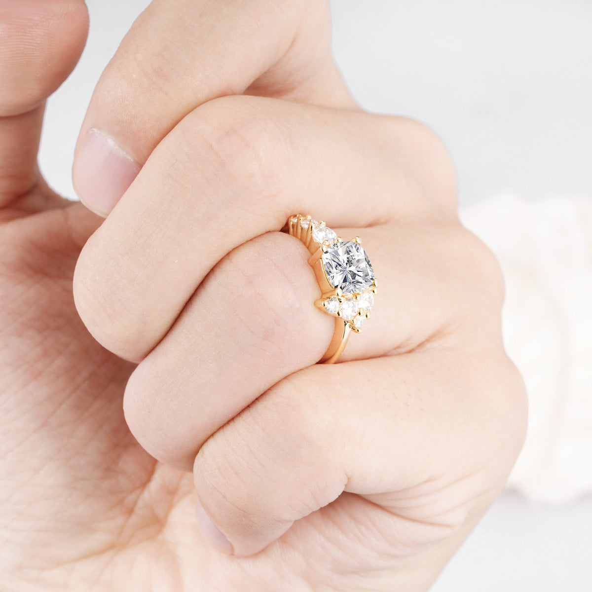 Classic Cushion Cut Side Cluster Lab Diamond Engagement Ring - Additional view