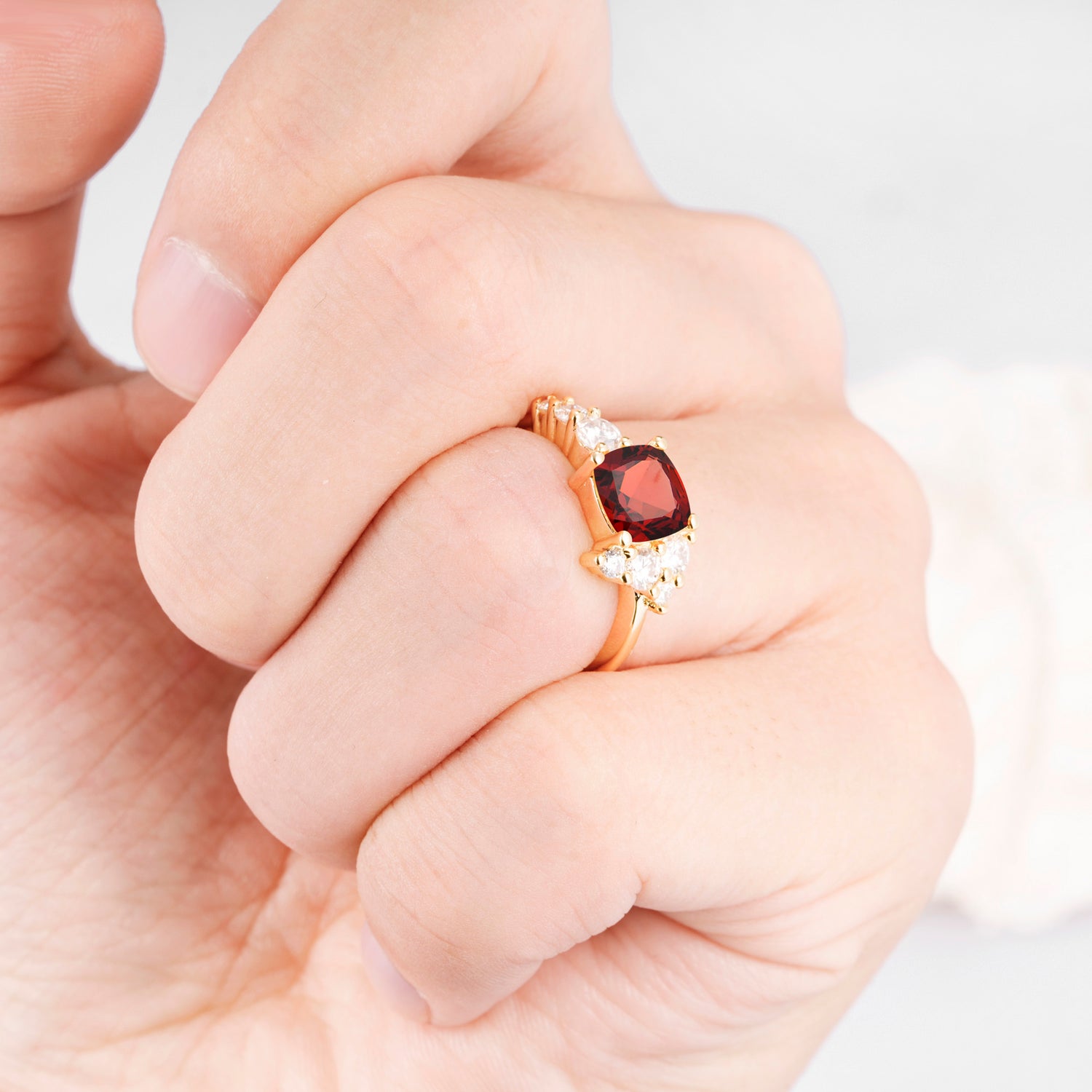 Cushion Cut Side Cluster Garnet Engagement Ring