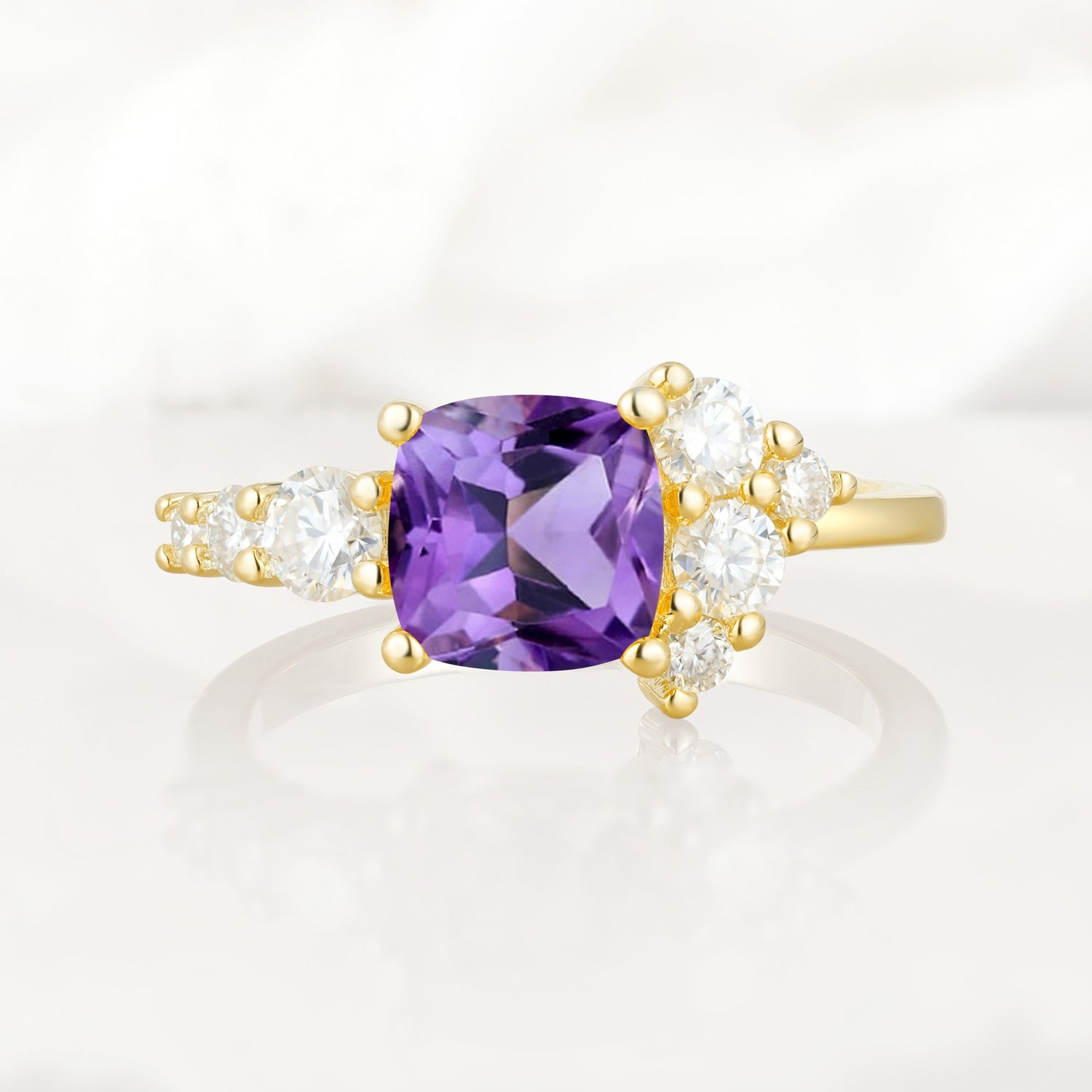 Classic Cushion Cut Side Cluster Amethyst Engagement Ring - Additional view