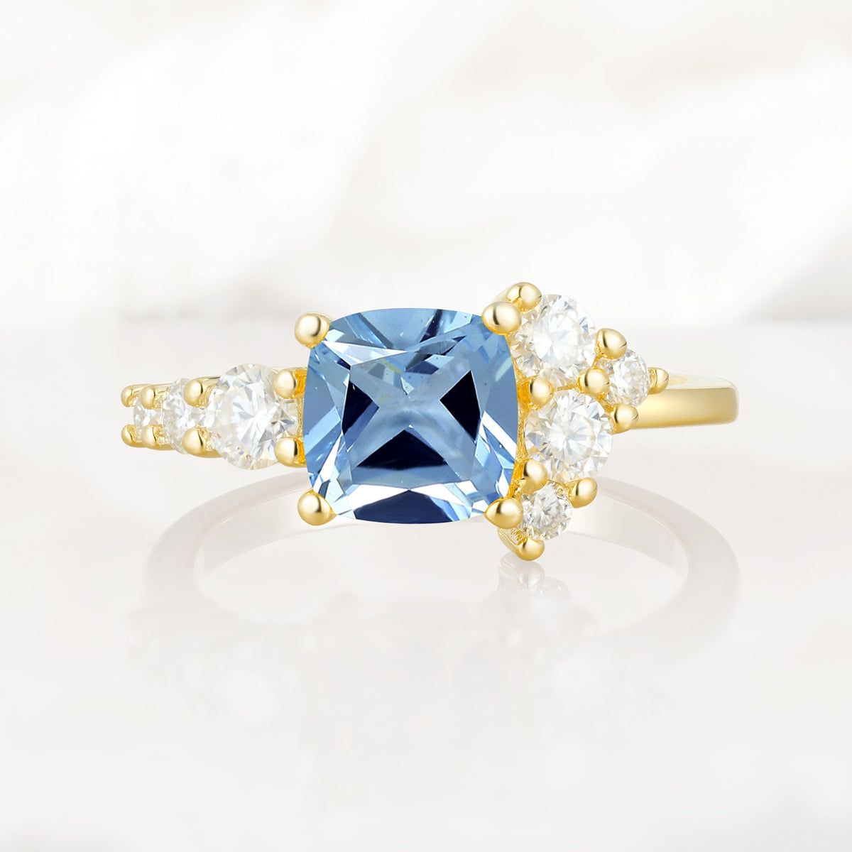 Classic Cushion Cut Side Cluster Aquamarine Engagement Ring - Additional view