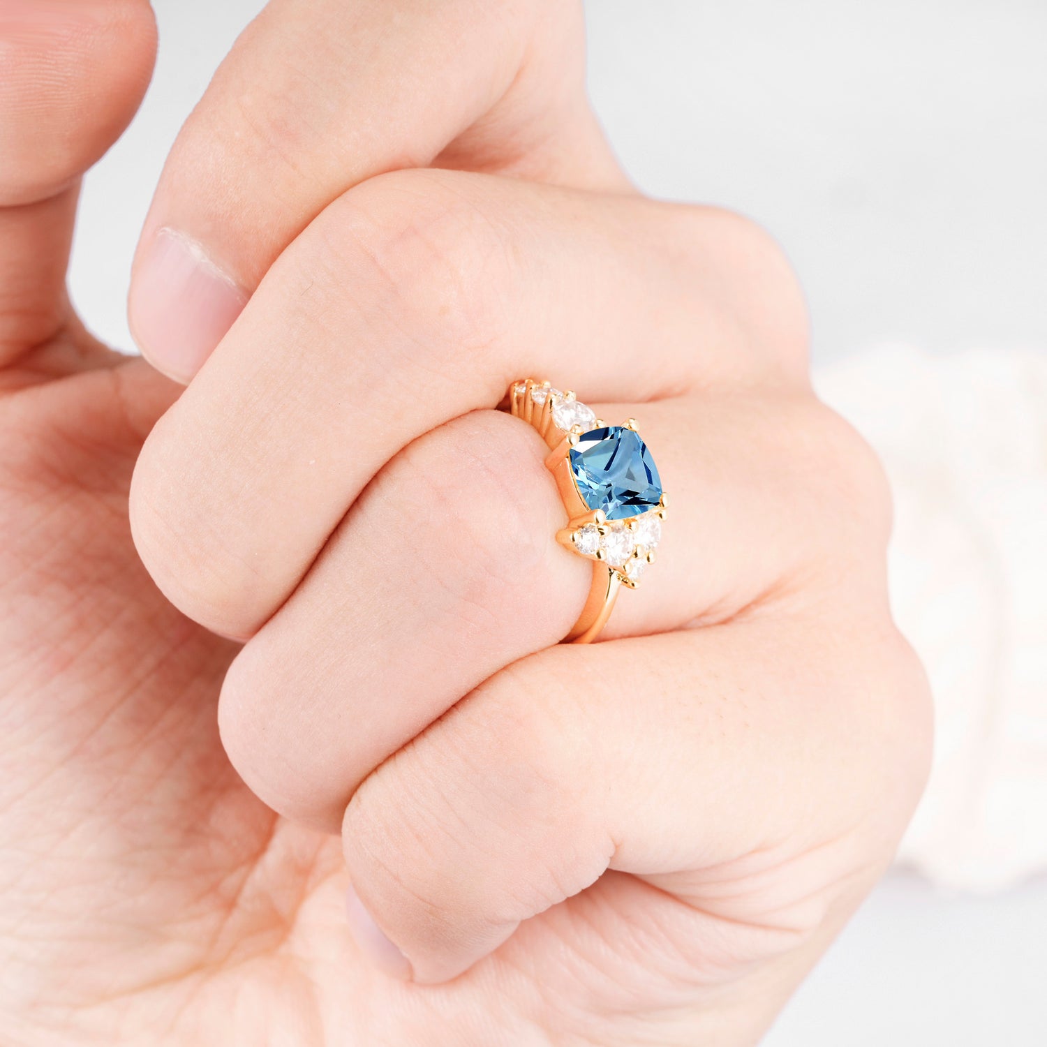 Cushion Cut Side Cluster Aquamarine Engagement Ring