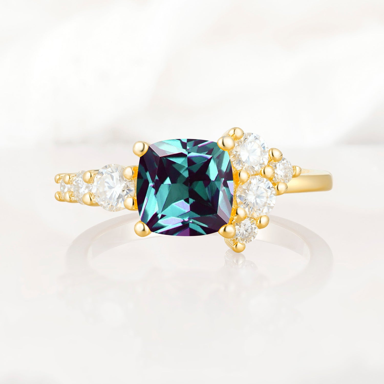 Cushion Cut Side Cluster Alexandrite Engagement Ring